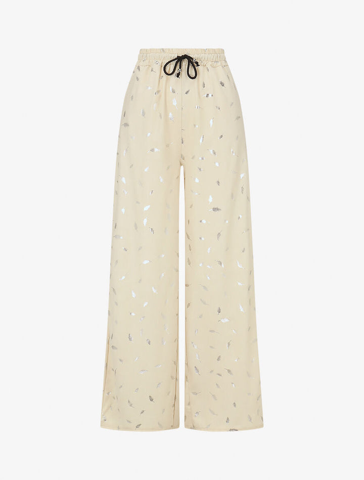 Pantalon élastiqué imprimé plumes irisées - Beige