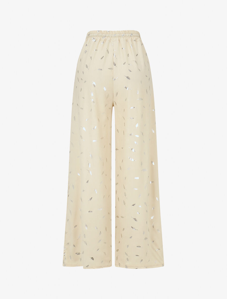 Pantalon élastiqué imprimé plumes irisées - Beige