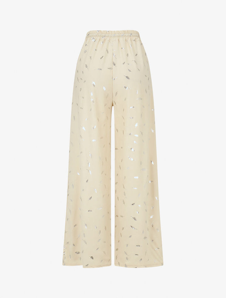 Pantalon élastiqué imprimé plumes irisées - Beige