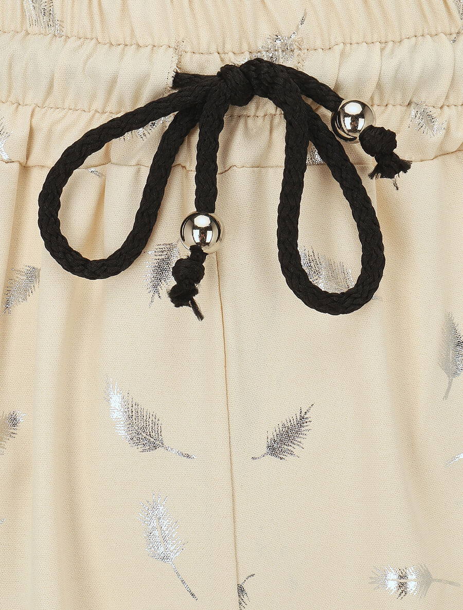 Pantalon élastiqué imprimé plumes irisées - Beige