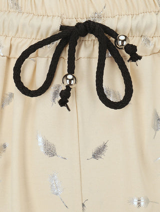 Pantalon élastiqué imprimé plumes irisées - Beige