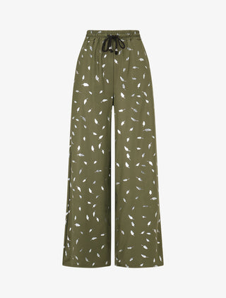 Pantalon élastiqué imprimé plumes irisées - Kaki