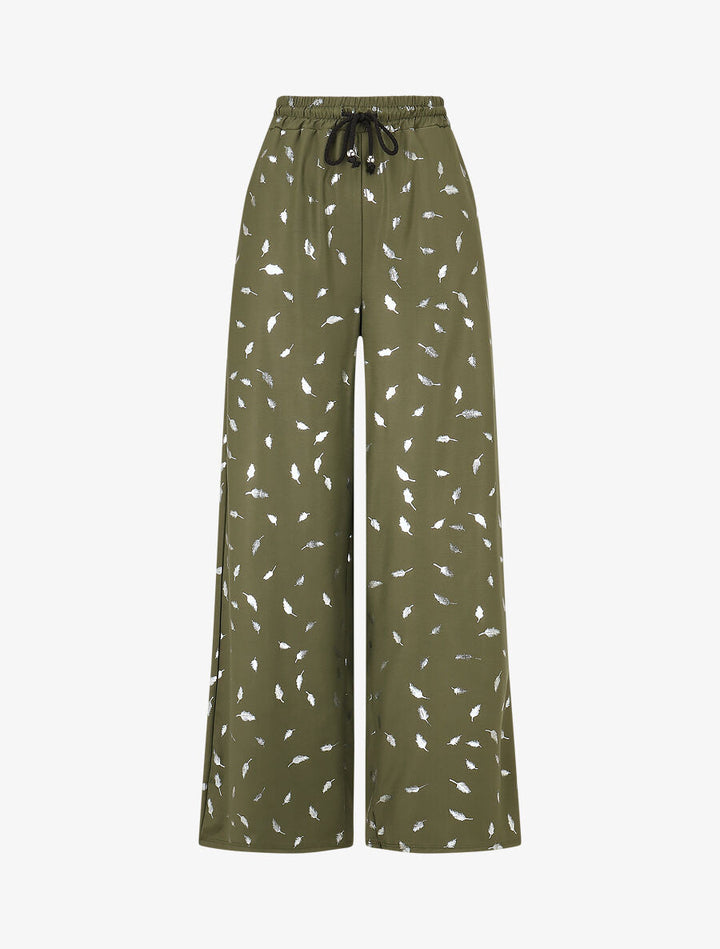 Pantalon élastiqué imprimé plumes irisées - Kaki