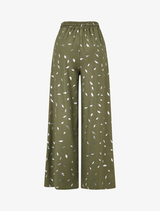 Pantalon élastiqué imprimé plumes irisées - Kaki