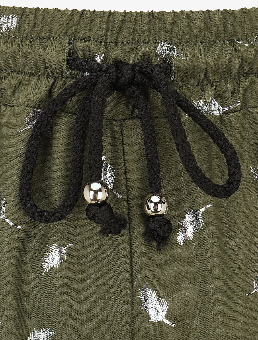 Pantalon élastiqué imprimé plumes irisées - Kaki