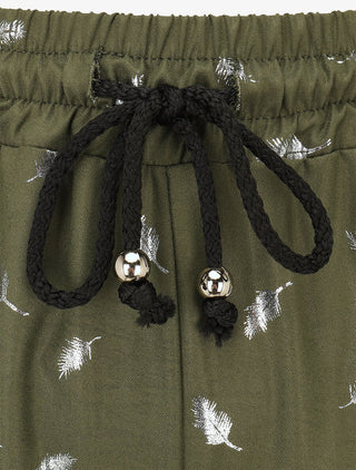 Pantalon élastiqué imprimé plumes irisées - Kaki