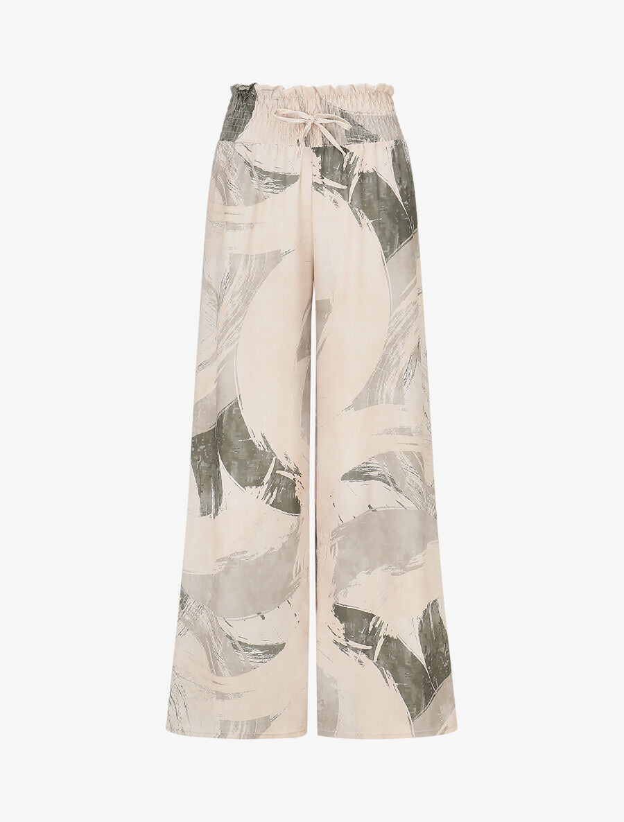 Pantalon fluide élastiqué imprimé abstrait - Kaki