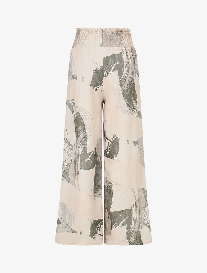 Pantalon fluide élastiqué imprimé abstrait - Kaki