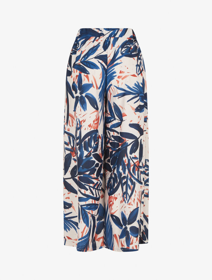 Pantalon ample taille haute imprimé feuilles - Marine