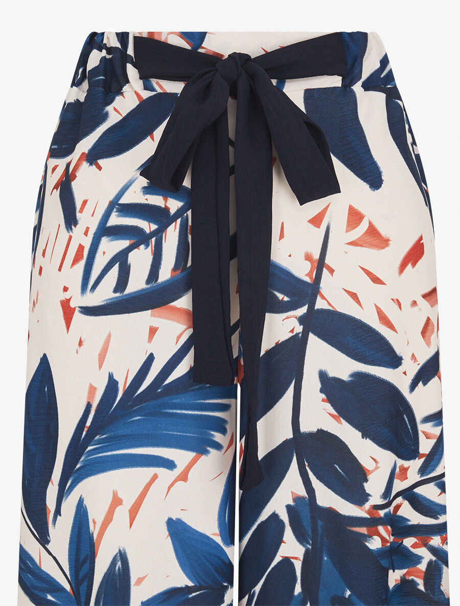 Pantalon ample taille haute imprimé feuilles - Marine