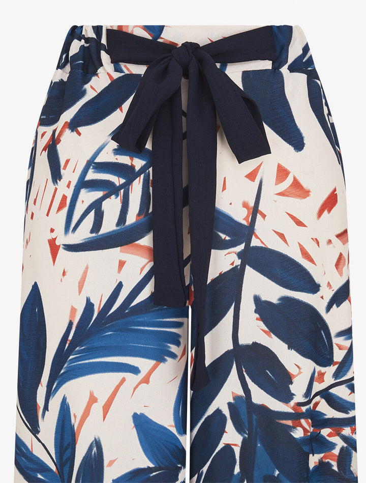 Pantalon ample taille haute imprimé feuilles - Marine