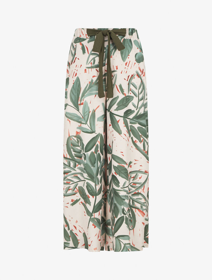 Pantalon ample taille haute imprimé feuilles - Vert olive