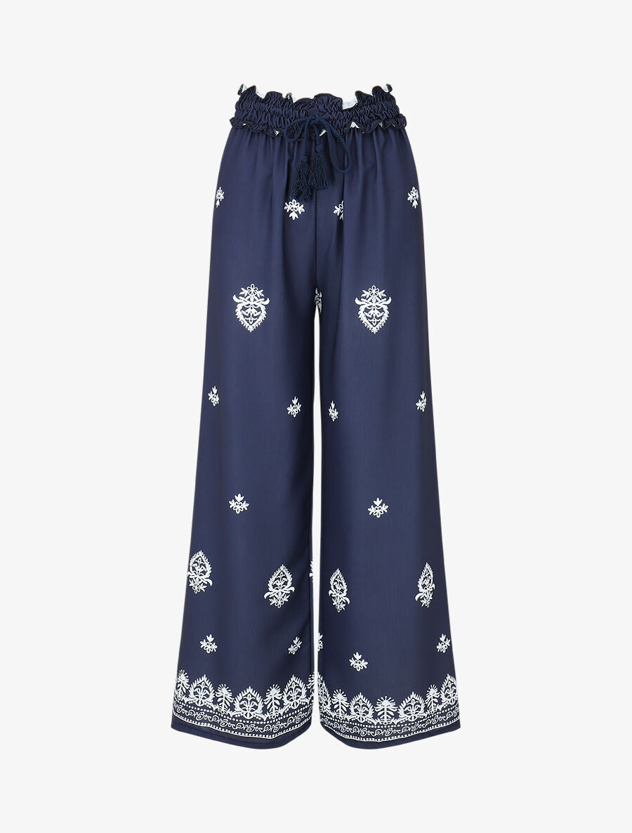 Pantalon élastiqué à imprimé fantaisie et mosaïque - Marine