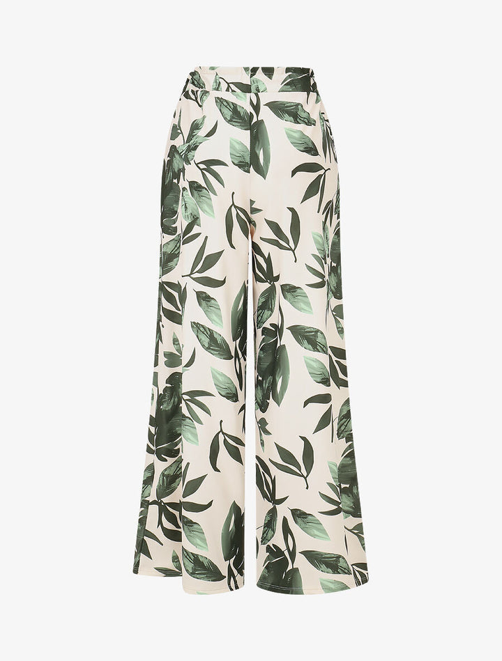 Pantalon imprimé feuillage à taille élastiquée - Kaki