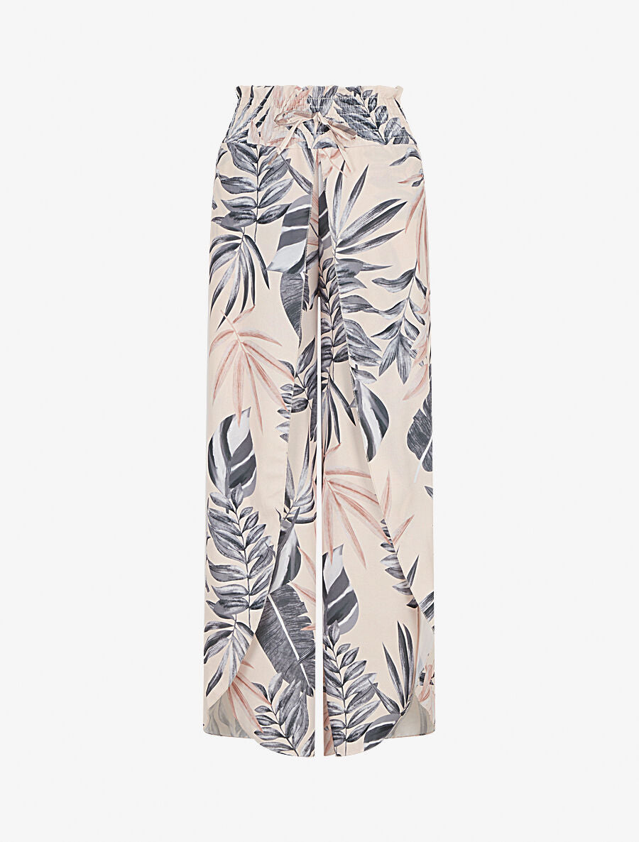 Pantalon tulipe imprimé tropical à taille élastiquée - Noir