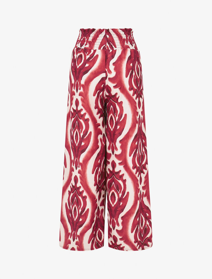 Pantalon à taille haute élastiquée imprimé abstrait - Bordeaux