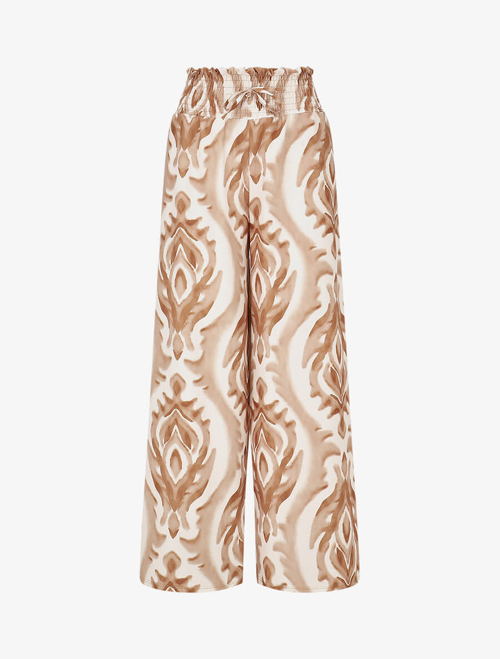 Pantalon à taille haute élastiquée imprimé abstrait - Beige