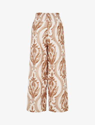 Pantalon à taille haute élastiquée imprimé abstrait - Beige