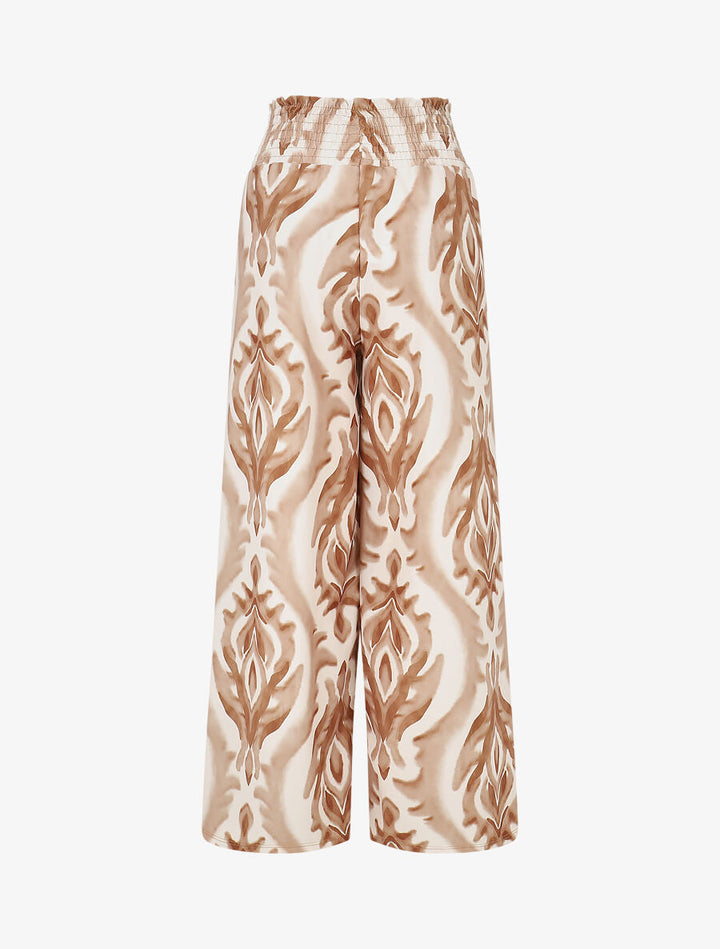 Pantalon à taille haute élastiquée imprimé abstrait - Beige