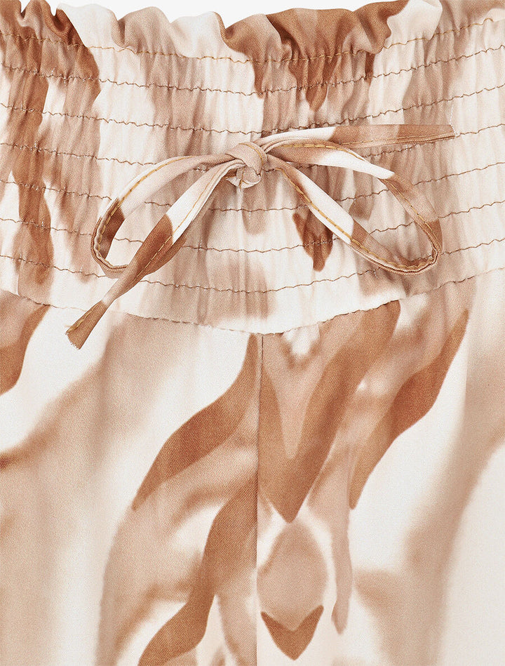 Pantalon à taille haute élastiquée imprimé abstrait - Beige