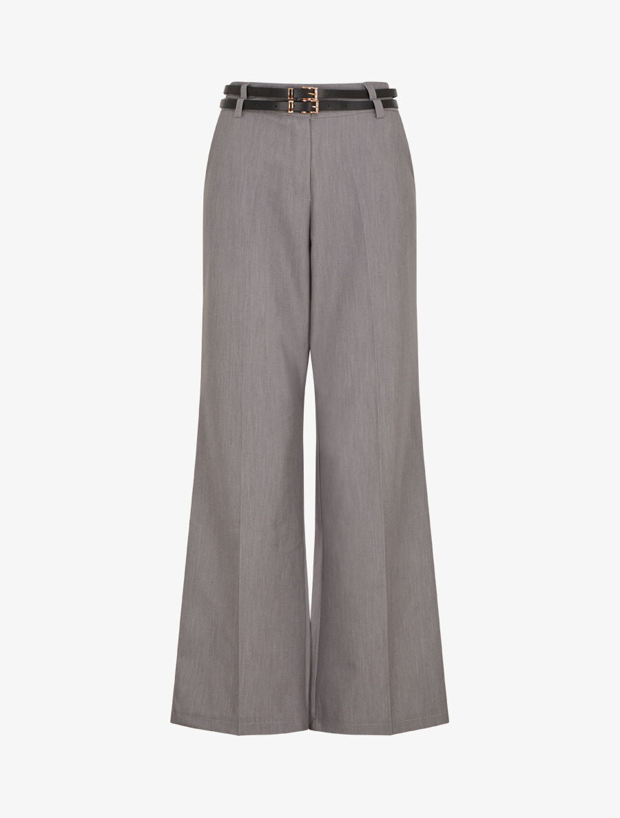 Pantalon droit taille haute ceinturée - Gris
