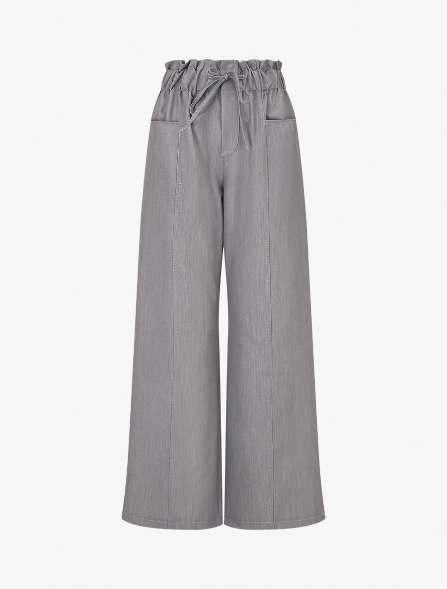 Pantalon droit taille haute élastiquée - Gris
