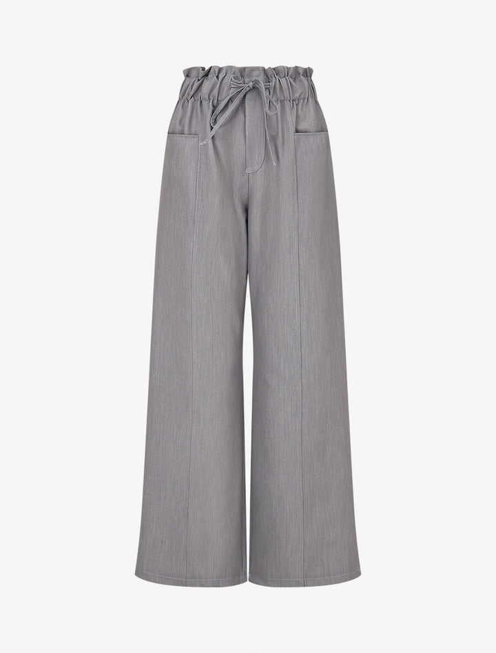 Pantalon droit taille haute élastiquée - Gris