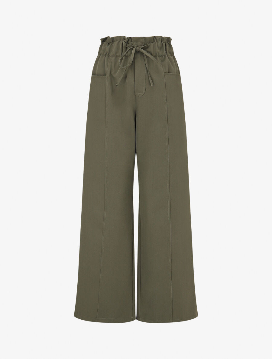 Pantalon droit taille haute élastiquée - Kaki