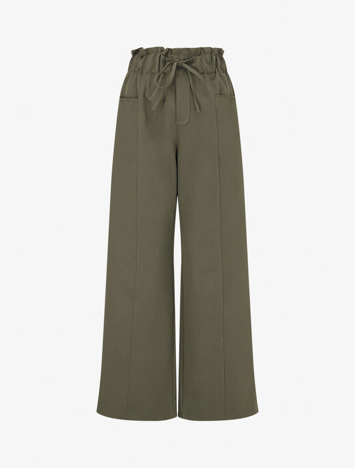 Pantalon droit taille haute élastiquée - Kaki