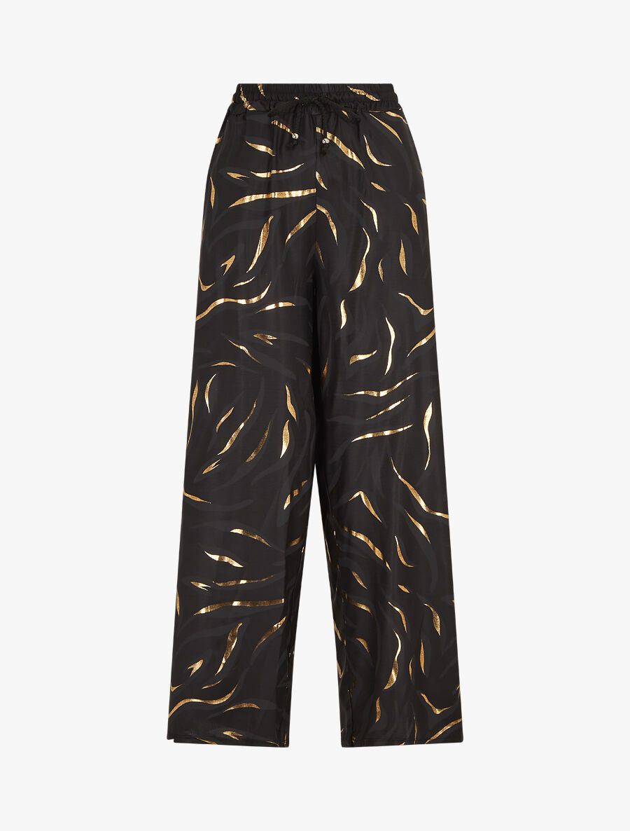 Pantalon satiné taille haute à motif doré - Noir