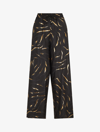 Pantalon satiné taille haute à motif doré - Noir