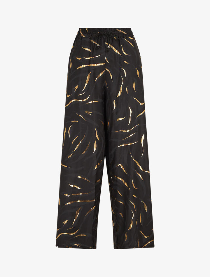 Pantalon satiné taille haute à motif doré - Noir