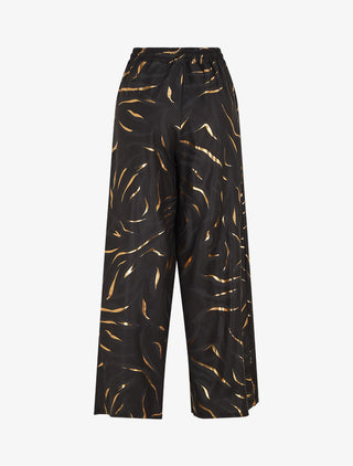 Pantalon satiné taille haute à motif doré - Noir