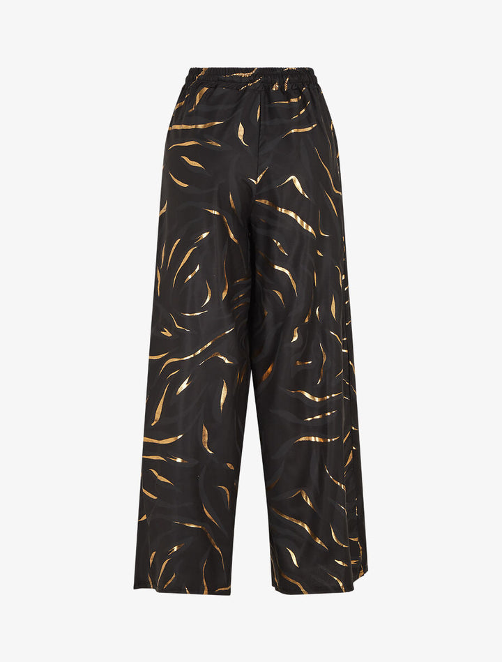 Pantalon satiné taille haute à motif doré - Noir