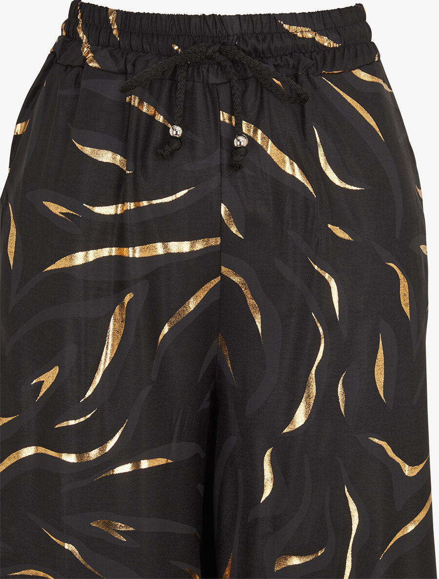 Pantalon satiné taille haute à motif doré - Noir