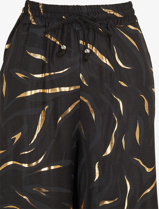 Pantalon satiné taille haute à motif doré - Noir