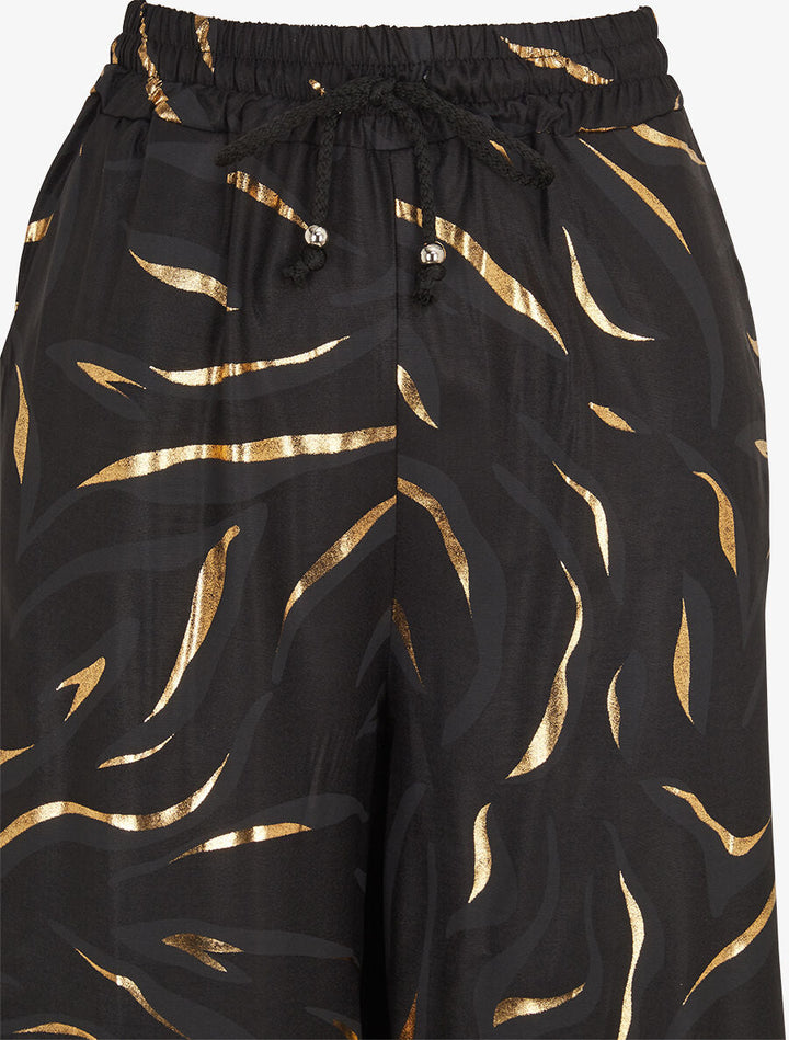 Pantalon satiné taille haute à motif doré - Noir