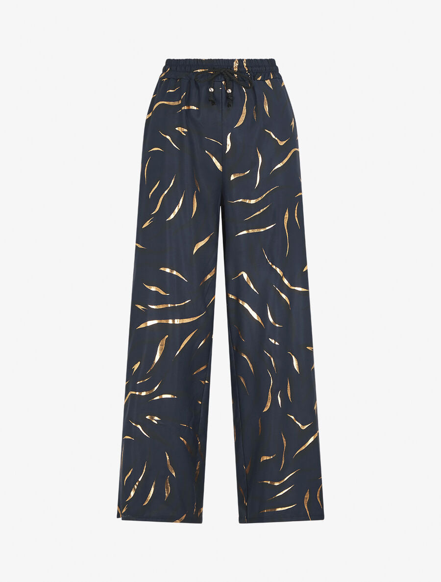 Pantalon satiné taille haute à motif doré - Marine
