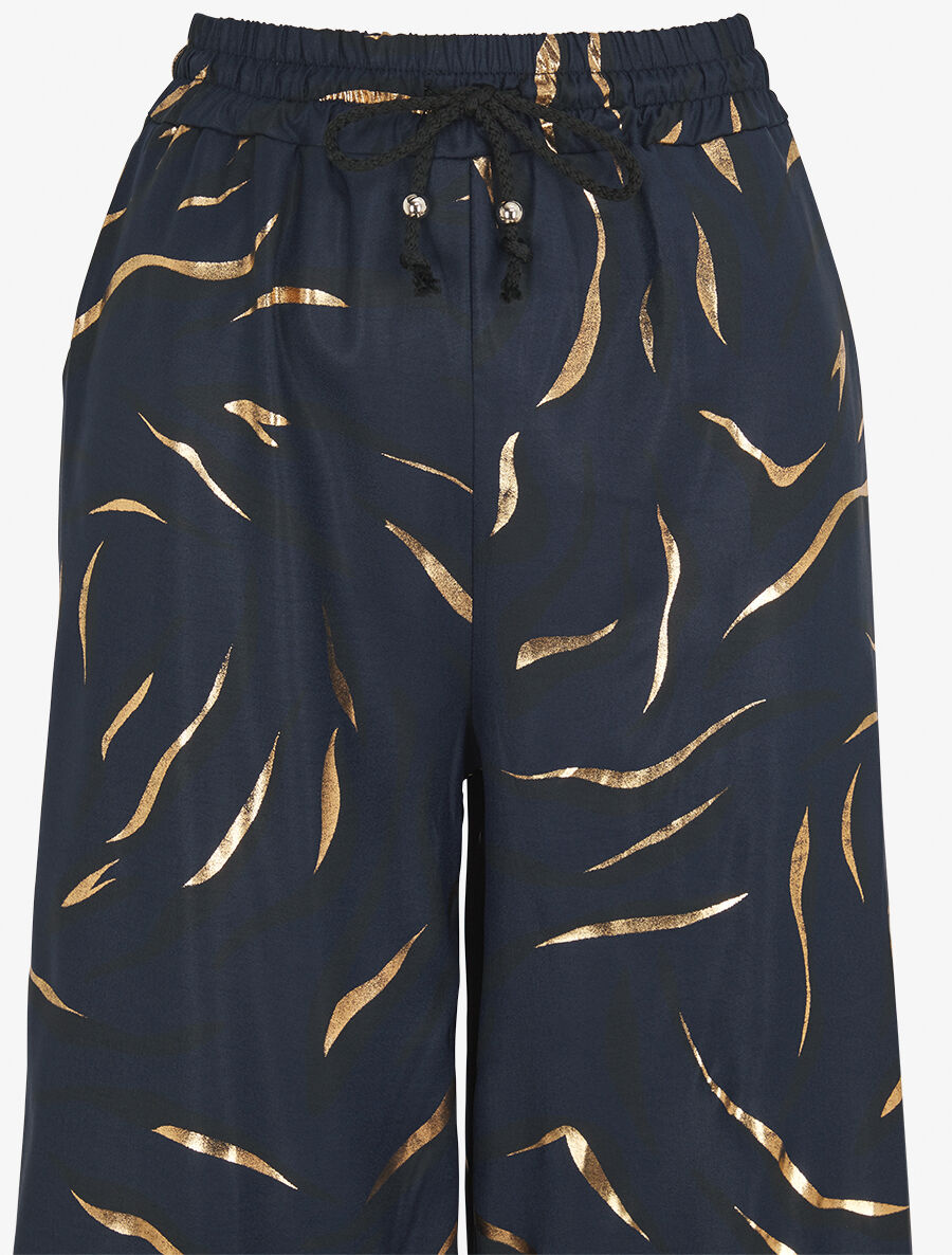 Pantalon satiné taille haute à motif doré - Marine