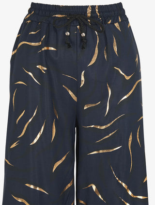Pantalon satiné taille haute à motif doré - Marine
