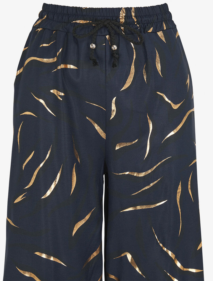 Pantalon satiné taille haute à motif doré - Marine