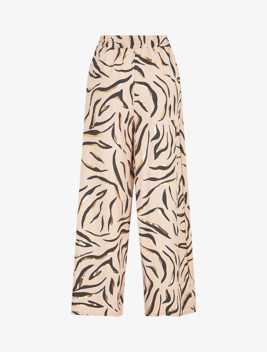 Pantalon satiné taille haute à motif doré - Beige