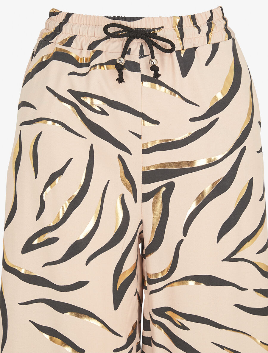 Pantalon satiné taille haute à motif doré - Beige