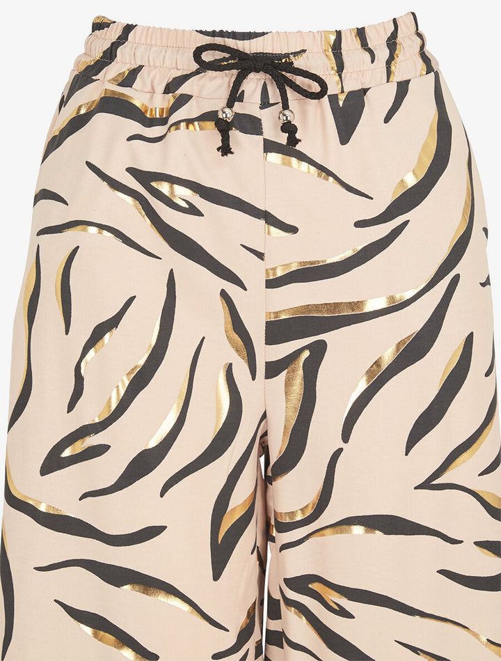Pantalon satiné taille haute à motif doré - Beige