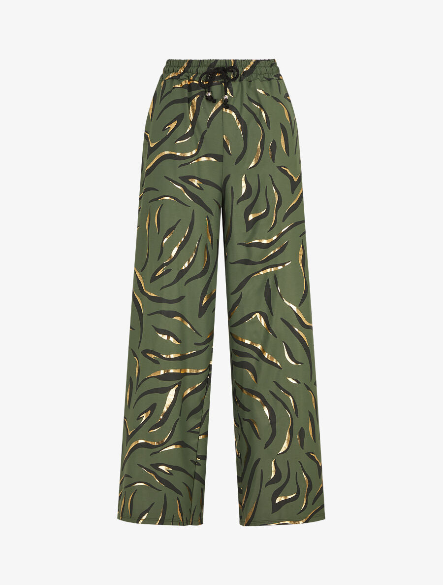 Pantalon satiné taille haute à motif doré - Kaki