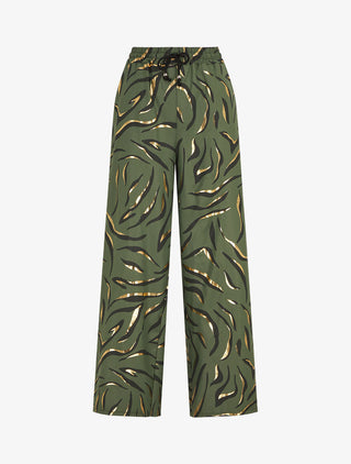 Pantalon satiné taille haute à motif doré - Kaki