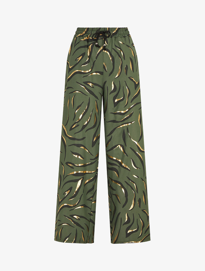Pantalon satiné taille haute à motif doré - Kaki