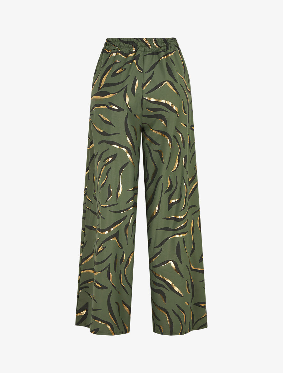 Pantalon satiné taille haute à motif doré - Kaki