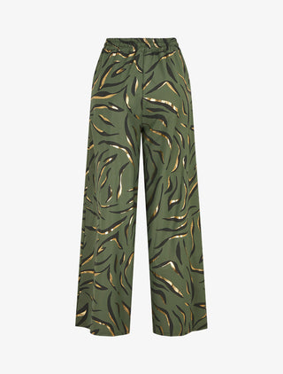 Pantalon satiné taille haute à motif doré - Kaki