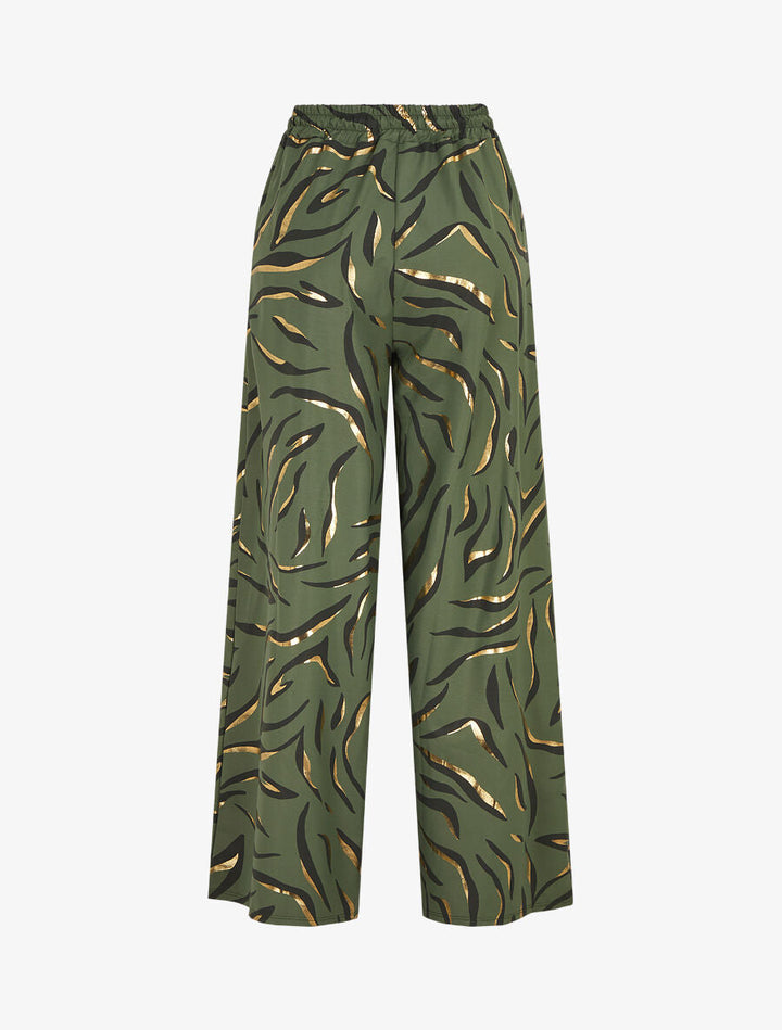 Pantalon satiné taille haute à motif doré - Kaki